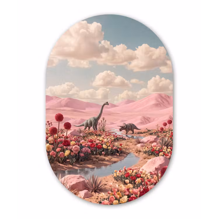 Oval - Plastic - Dinosaur - Pink - Landscape - Dinosaurus - Roze - Landschap Wandcirkel Ovaal Forex klein