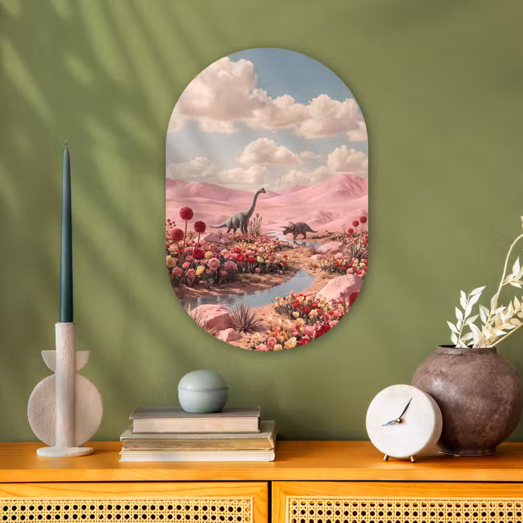 Oval - Plastic - Dinosaur - Pink - Landscape - Dinosaurus - Roze - Landschap Wandcirkel Ovaal Forex klein