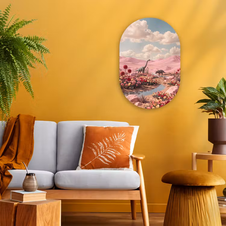 Oval - Plastic - Dinosaur - Pink - Landscape - Dinosaurus - Roze - Landschap Wandcirkel Ovaal Forex klein