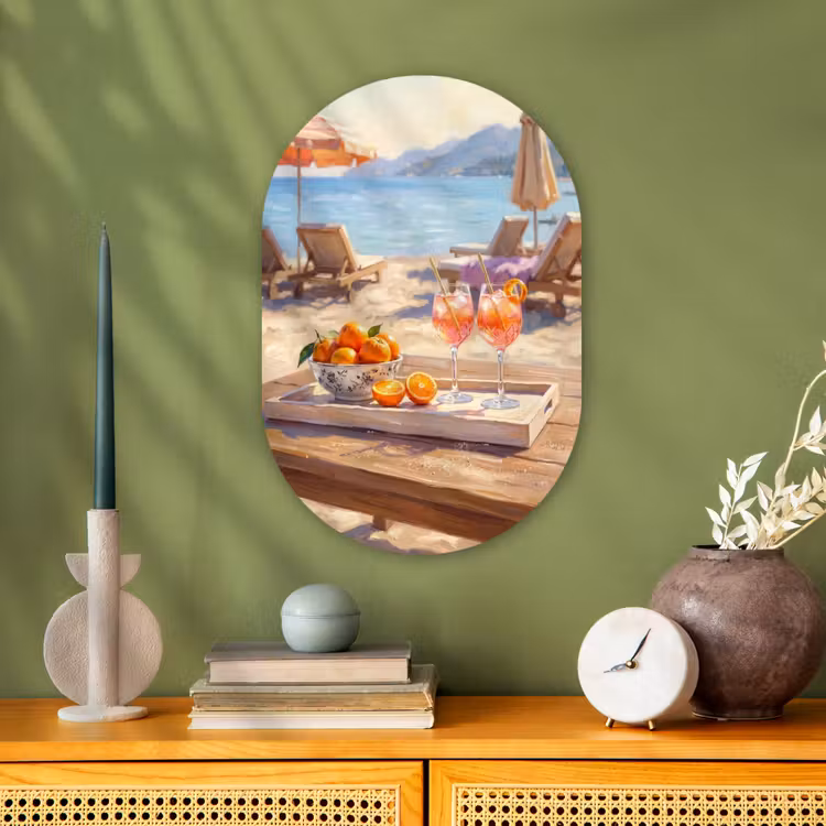 Drank - Glazen - Strand - Zomer - Oranje Wandcirkel Ovaal Forex klein -sfeer2