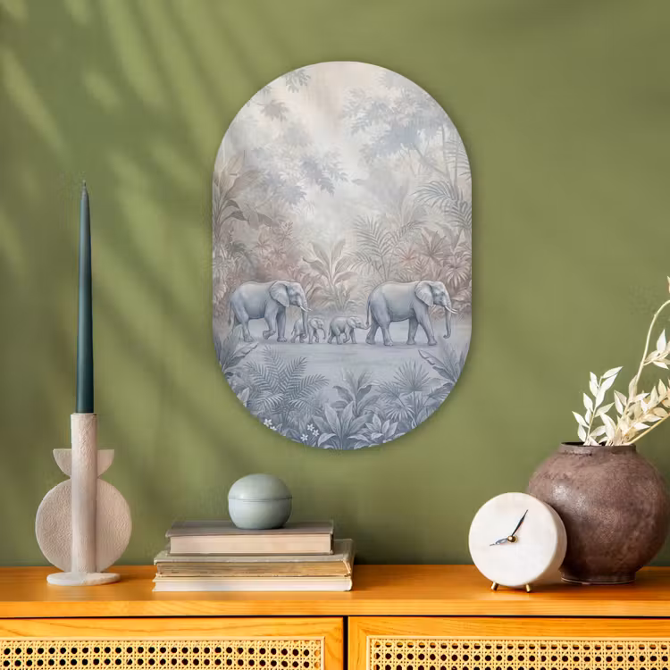 Olifant - Familie - Jungle - Illustratie - Grijs Wandcirkel Ovaal Forex klein -sfeer2