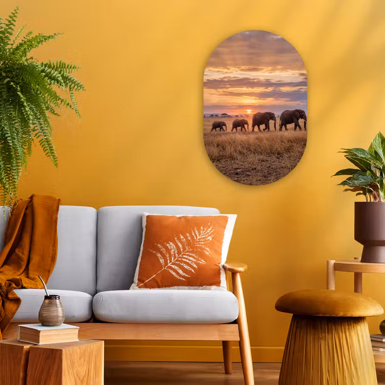 Olifanten - Savanne - Zonsondergang - Afrika - Warm Wandcirkel Ovaal Forex klein -sfeer4