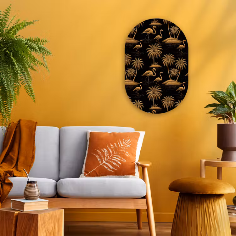 Flamingo - Palmbomen - Tropisch - Goud - Zwart Wandcirkel Ovaal Forex klein 630 -sfeer4