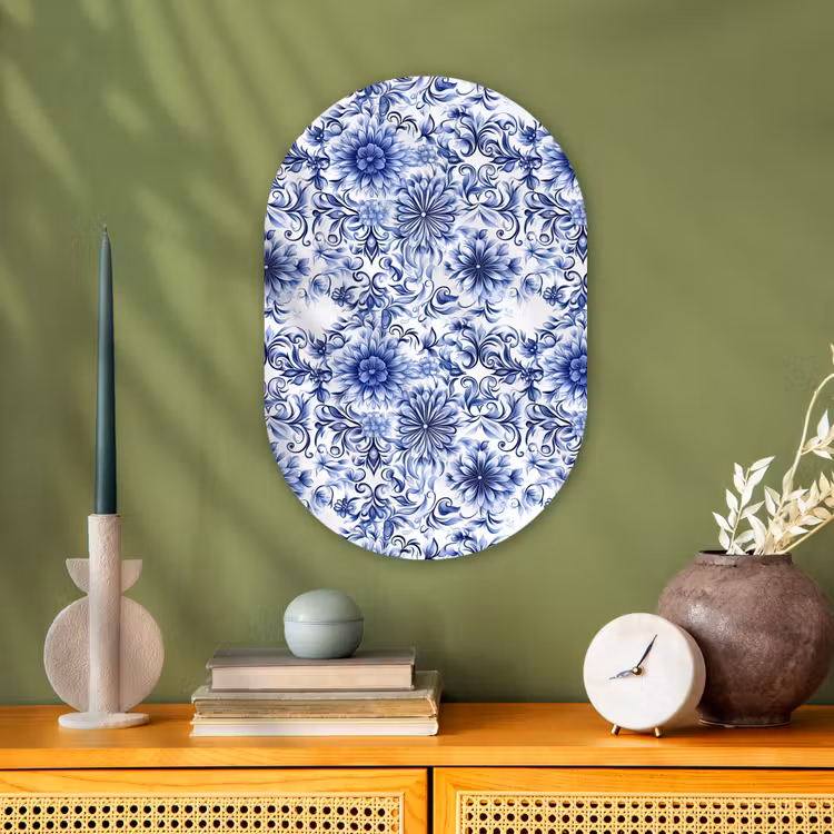 Bloemen - Blauw - Patroon - Wit Wandcirkel Ovaal Forex klein 630 -sfeer2