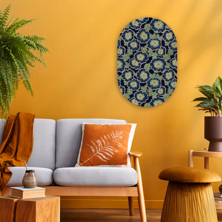 Bloemen - Borduurwerk - Patroon - Blauw - Groen Wandcirkel Ovaal Forex klein 630 -sfeer4