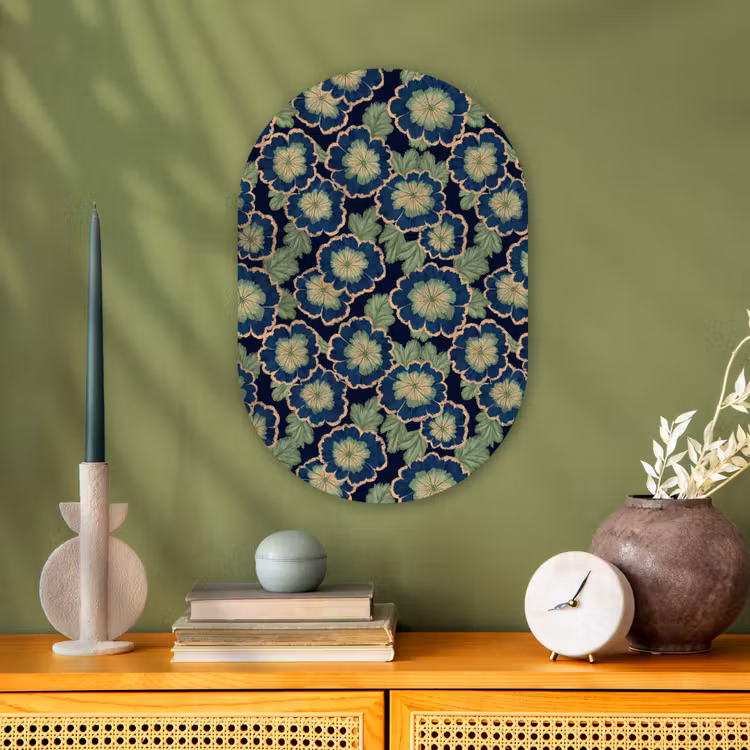 Bloemen - Borduurwerk - Patroon - Blauw - Groen Wandcirkel Ovaal Forex klein 630 -sfeer2