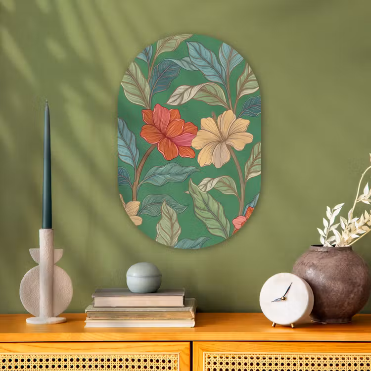 Oval - Plastic - Flowers - Greenery - Illustration - Bloemen - Groen - Illustratie Wandcirkel Ovaal Forex klein