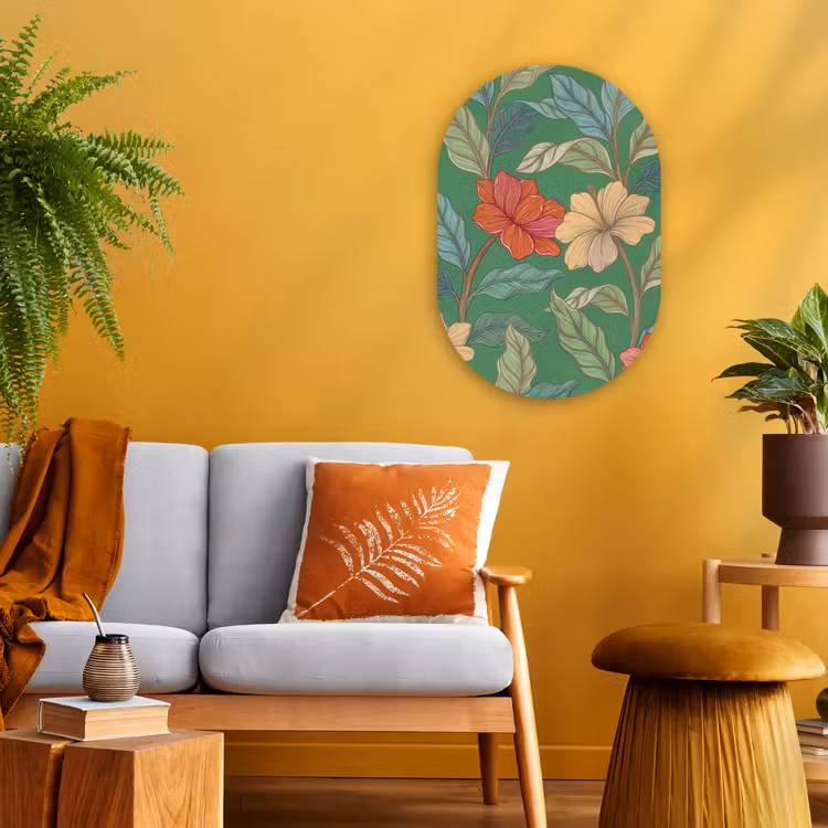 Oval - Plastic - Flowers - Greenery - Illustration - Bloemen - Groen - Illustratie Wandcirkel Ovaal Forex klein