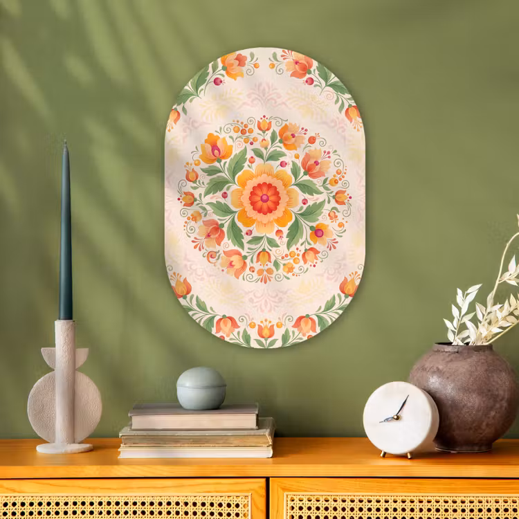 Bloemen - Patroon - Decoratief - Oranje Wandcirkel Ovaal Forex klein -sfeer2