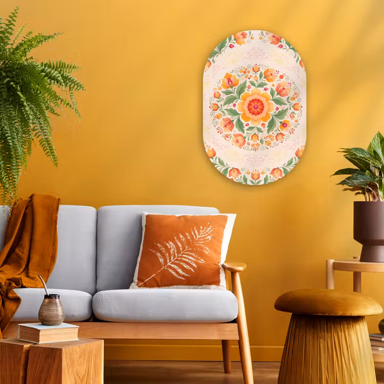 Bloemen - Patroon - Decoratief - Oranje Wandcirkel Ovaal Forex klein -sfeer4