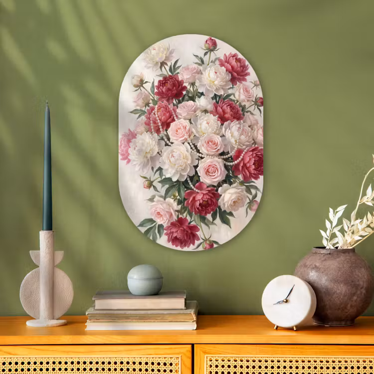 Bloemen - Parels - Romantiek - Klassiek - Roze Wandcirkel Ovaal Forex klein -sfeer2