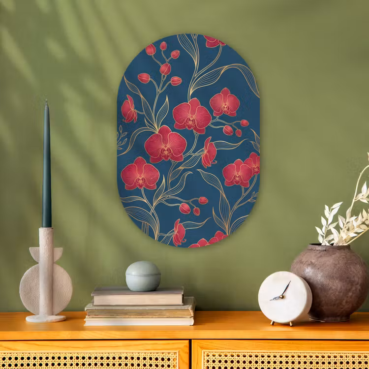 Oval - Plastic - Flowers - Red - Gold - Bloemen - Rood - Goud Wandcirkel Ovaal Forex klein