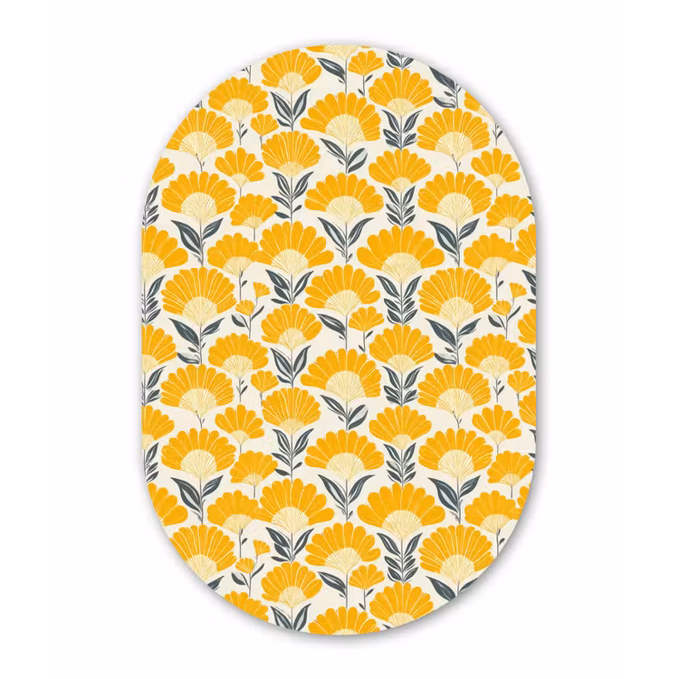 Bloemen - Retro - Botanisch - Okergeel - Grijs Wandcirkel Ovaal Forex klein 630 -3d