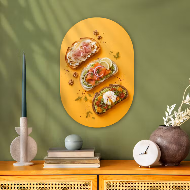 Eten - Brood - Ontbijt - Modern - Kleurrijk Wandcirkel Ovaal Forex klein -sfeer2