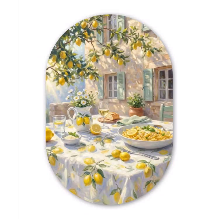 Eten - Terras - Zomer - Geschilderd - Geel Wandcirkel Ovaal Forex klein -3d
