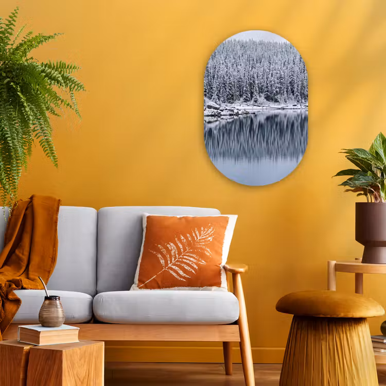 Bos - Reflectie - Meer - Winter - Serene Wandcirkel Ovaal Forex klein -sfeer4