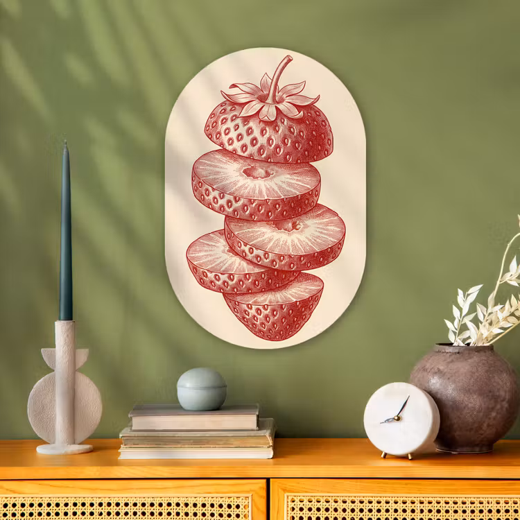 Fruit - Gesneden - Illustratie - Rood - Vintage Wandcirkel Ovaal Forex klein -sfeer2