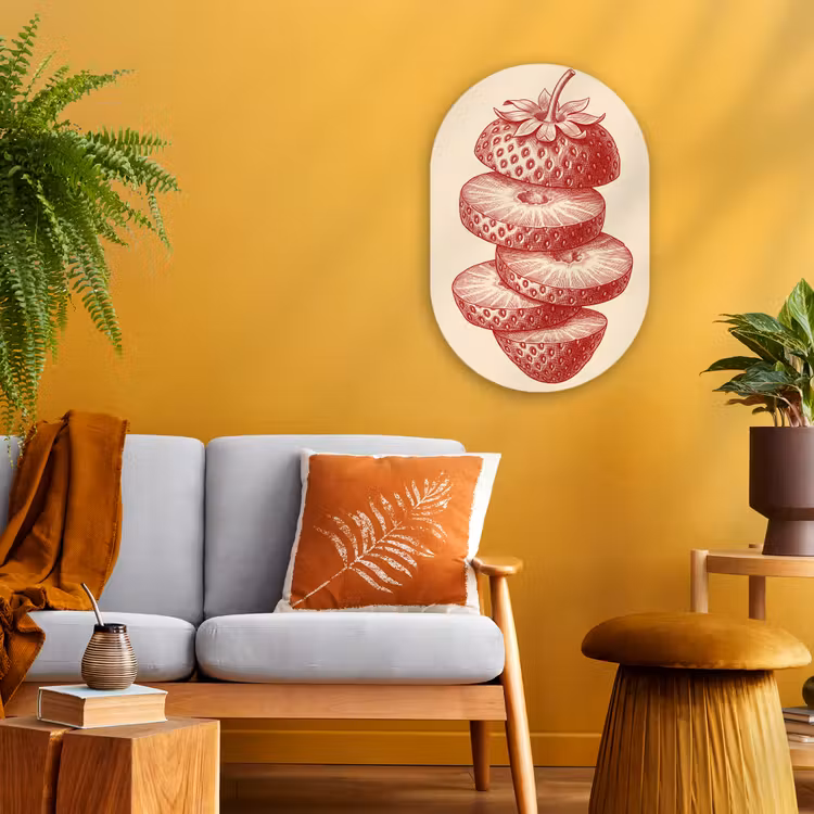 Fruit - Gesneden - Illustratie - Rood - Vintage Wandcirkel Ovaal Forex klein -sfeer4