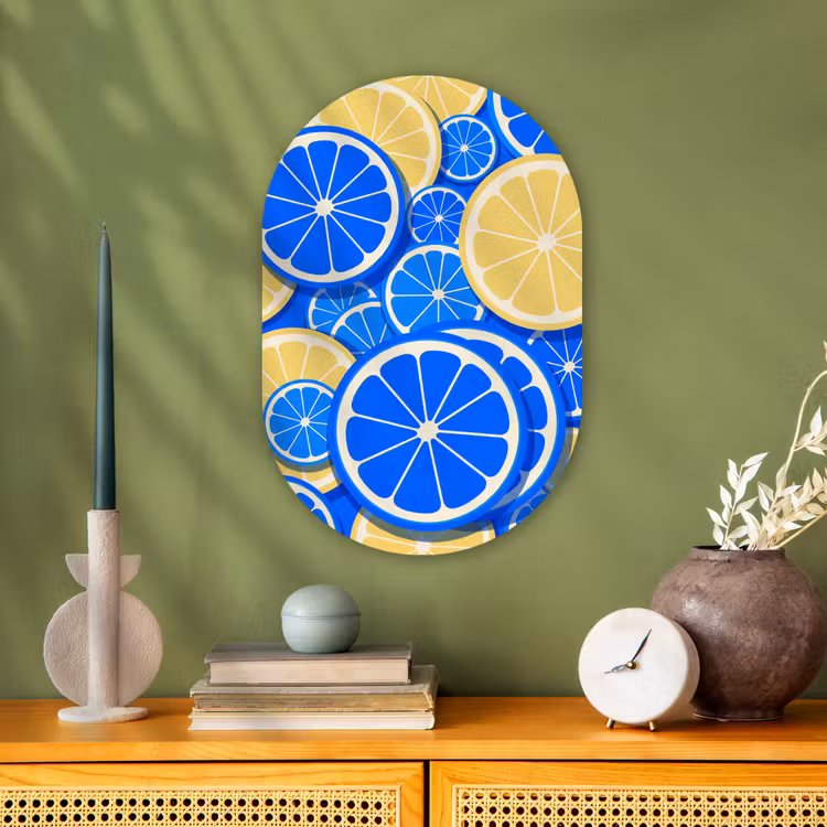 Fruit - Schijven - Patroon - Modern - Blauw - Geel Wandcirkel Ovaal Forex klein -sfeer2