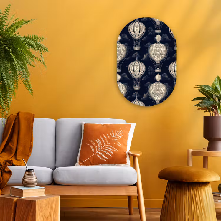 Luchtballonnen - Wolken - Patroon - Donkerblauw Wandcirkel Ovaal Forex klein 630 -sfeer4