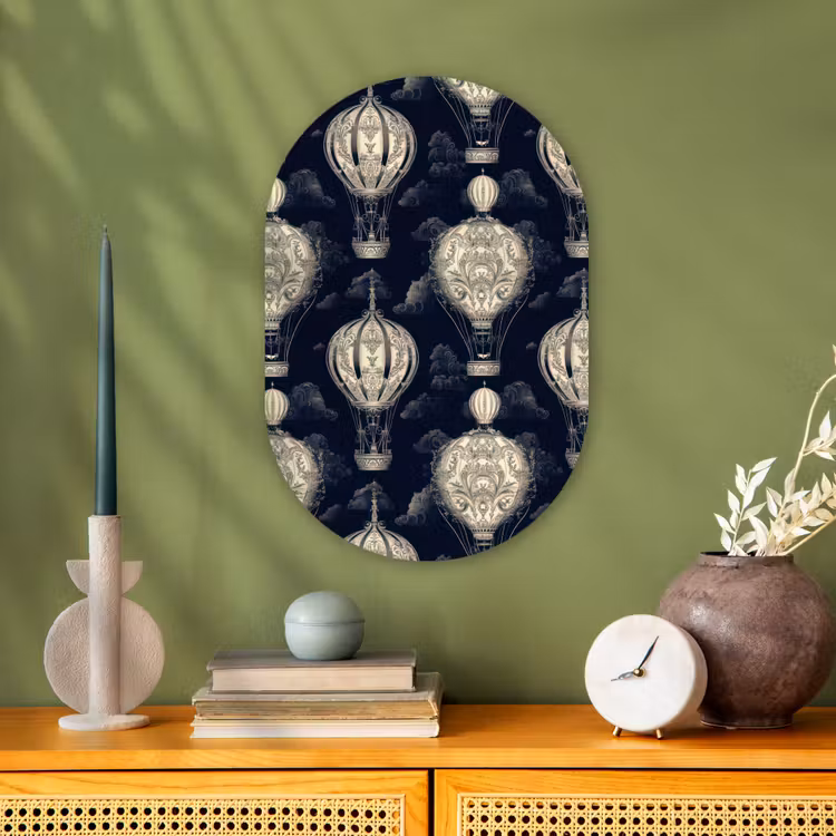 Luchtballonnen - Wolken - Patroon - Donkerblauw Wandcirkel Ovaal Forex klein 630 -sfeer2