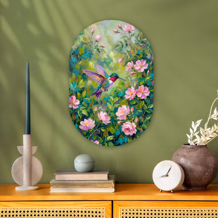 Kolibrie - Bloemen - Natuur - Kleurrijk Wandcirkel Ovaal Forex klein -sfeer2