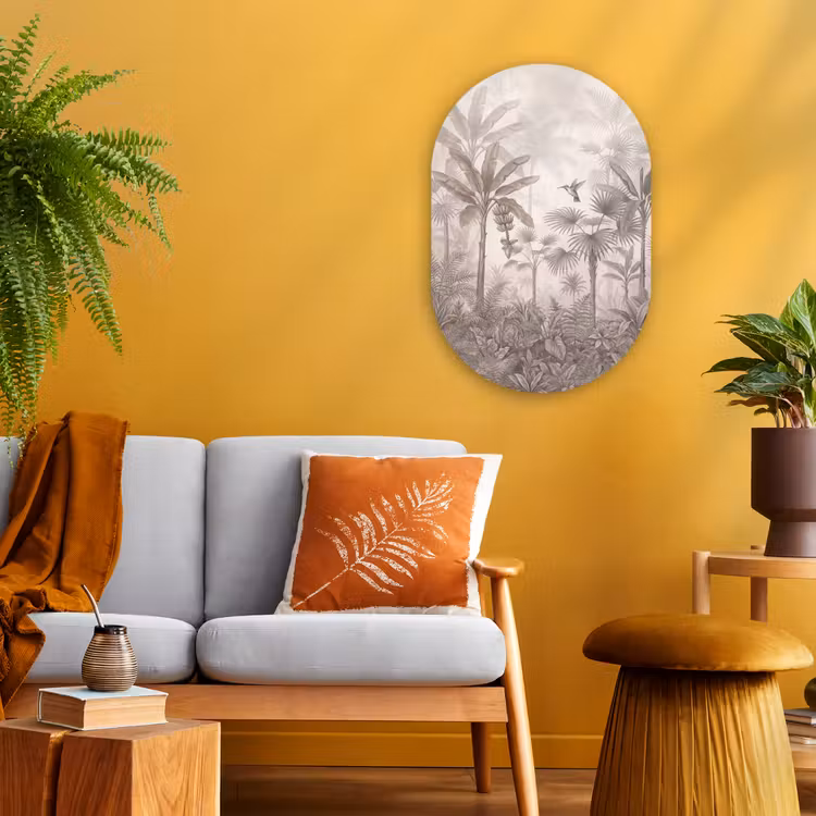 Jungle - Banenboom - Kolibrie - Beige Wandcirkel Ovaal Forex klein -sfeer4