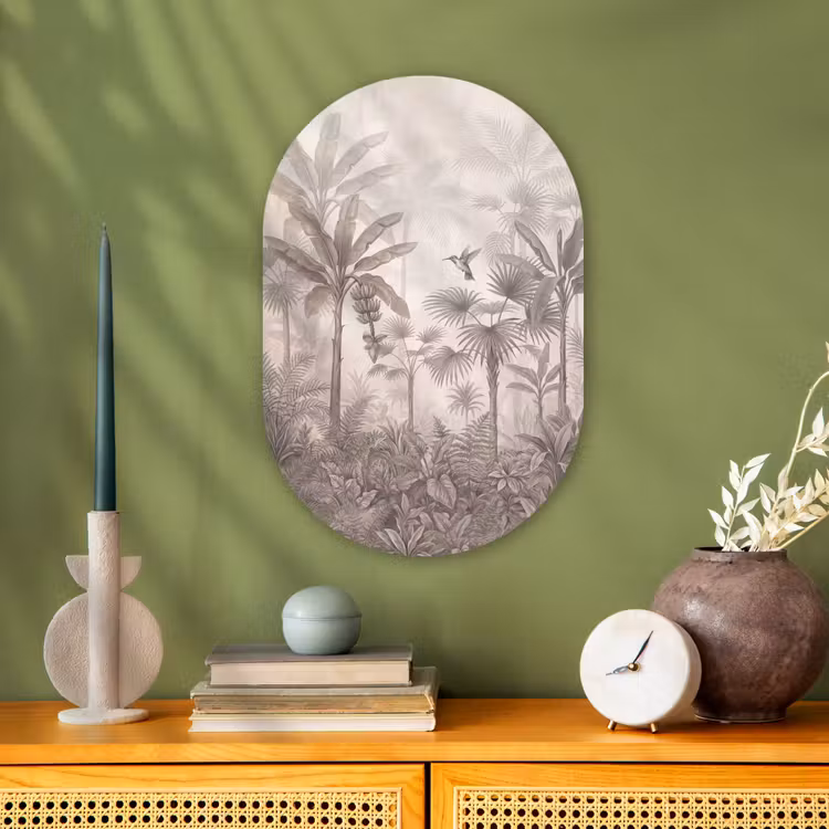 Jungle - Banenboom - Kolibrie - Beige Wandcirkel Ovaal Forex klein -sfeer2