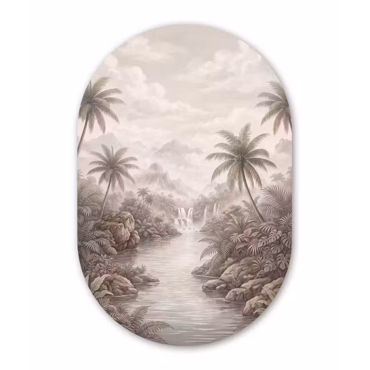 Jungle - Watervallen - Tropisch - Illustratie Wandcirkel Ovaal Forex klein -3d