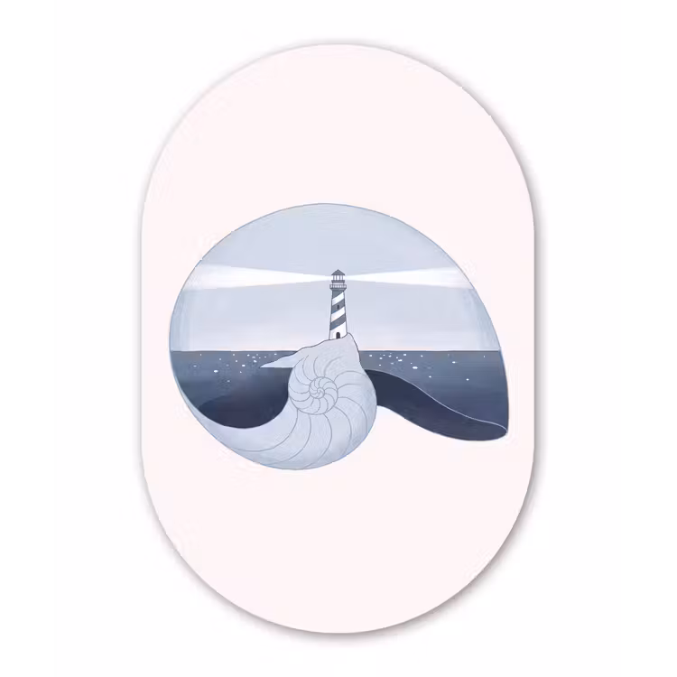 Vuurtoren - Zee - Schelp - Abstract - Blauw Wandcirkel Ovaal Forex klein -3d