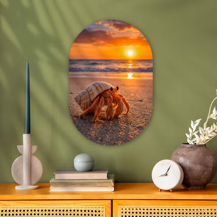 Kreeft - Strand - Natuur - Zonsondergang - Oranje Wandcirkel Ovaal Forex klein -sfeer2