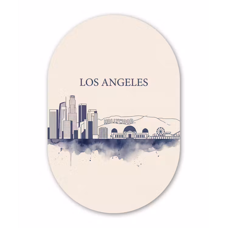 Los Angeles - Skyline - Architectuur - Aquarel - Blauw Wandcirkel Ovaal Forex klein -3d