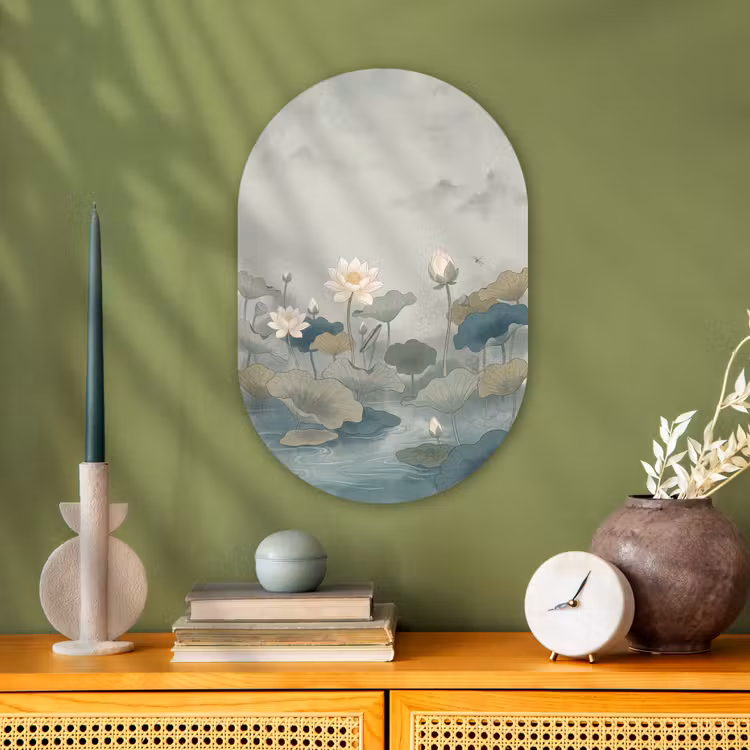 Lotus - Bloemen - Groen Wandcirkel Ovaal Forex klein -sfeer2