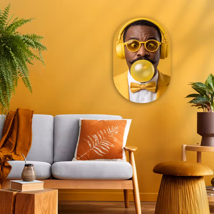 Man - Bubblegum - Portret - Geel - Modern Wandcirkel Ovaal Forex klein -sfeer4
