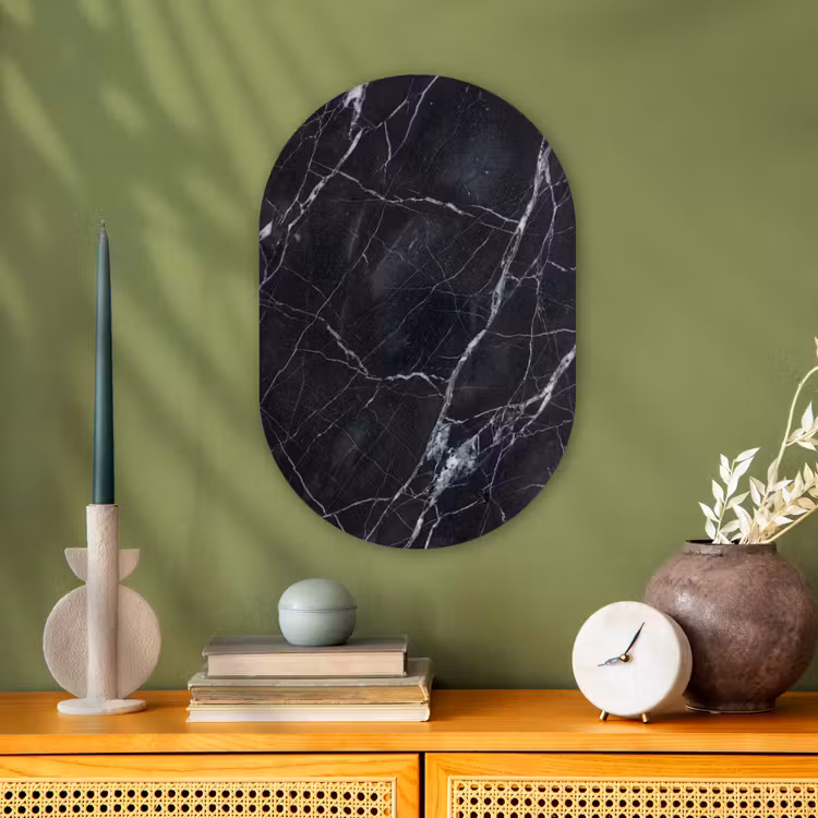 Marmer - Patroon - Modern - Zwart - Wit Wandcirkel Ovaal Forex klein -sfeer2