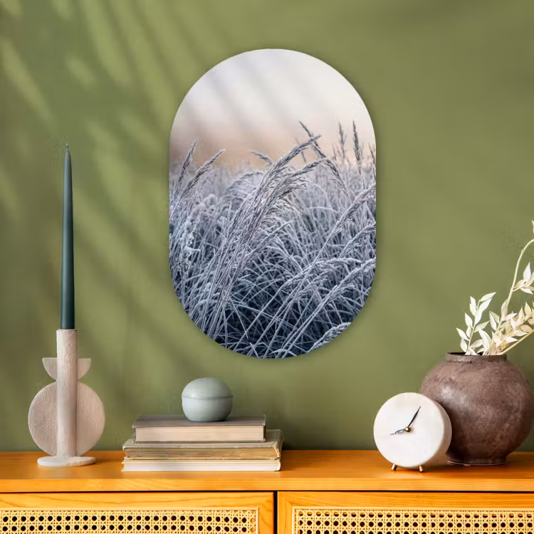 Rijp - Gras - Kristallen - Winter - Minimalistisch Wandcirkel Ovaal Forex klein -sfeer2