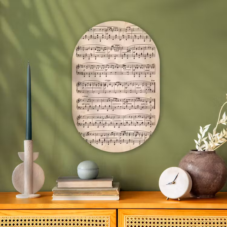 Muzieknotatie - Notenbalken - Kunst - Klassiek - Beige Wandcirkel Ovaal Forex klein -sfeer2