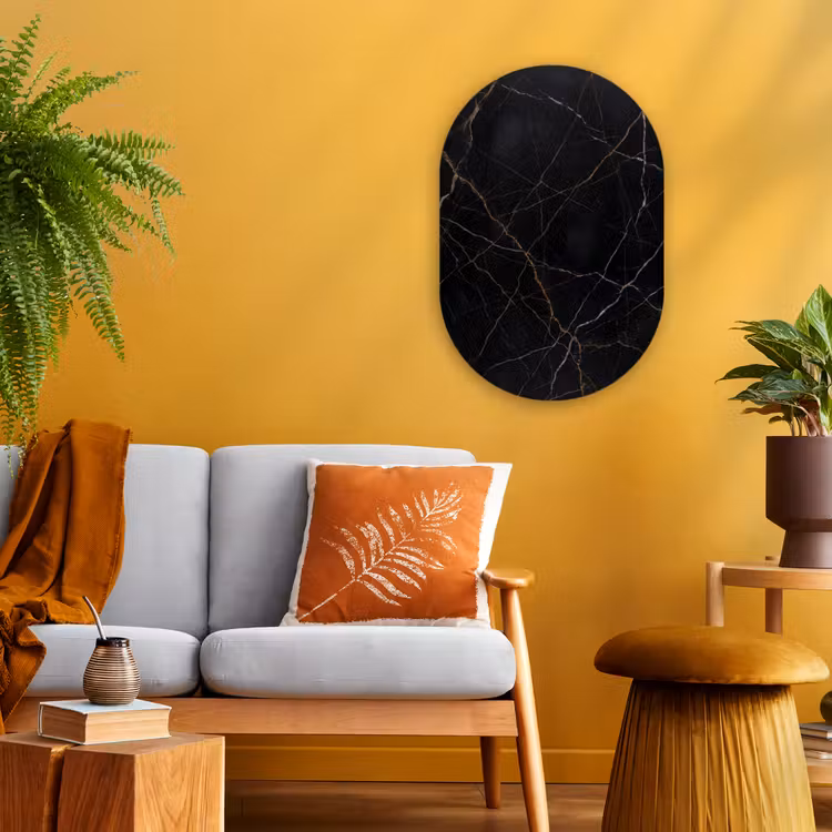 Natuursteen - Marmerpatroon - Abstract - Modern - Zwart - Goud Wandcirkel Ovaal Forex klein -sfeer4