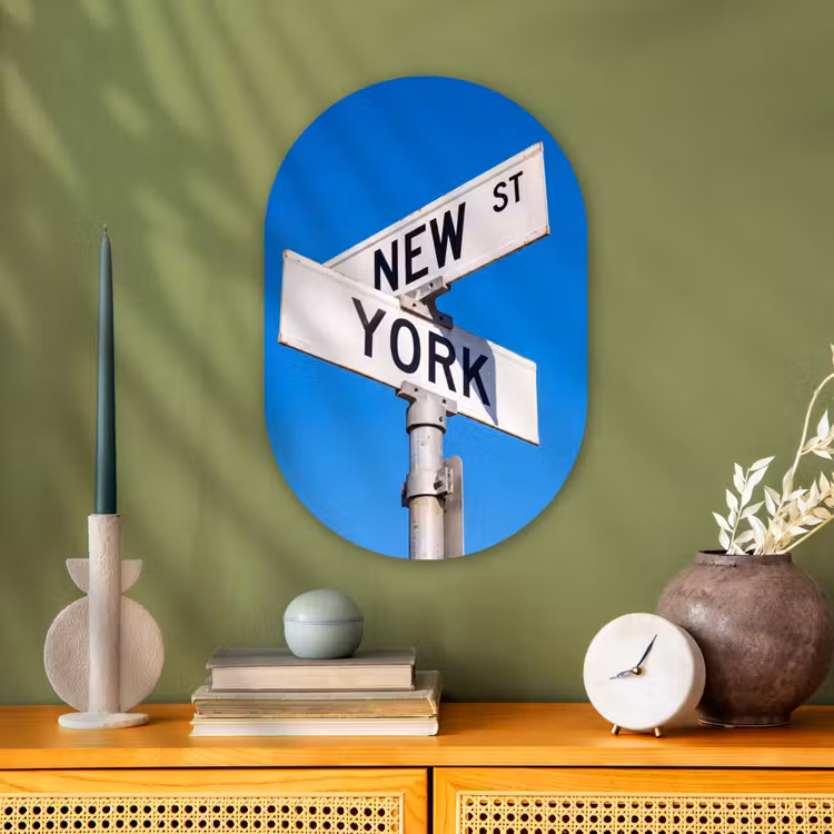 New York - Straatbord - Stad - Urban - Blauw Wandcirkel Ovaal Forex klein -sfeer2