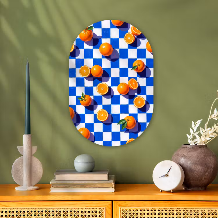 Oval - Plastic - Orange - Checkered - Food - Sinaasappel - Geruit - Eten Wandcirkel Ovaal Forex klein