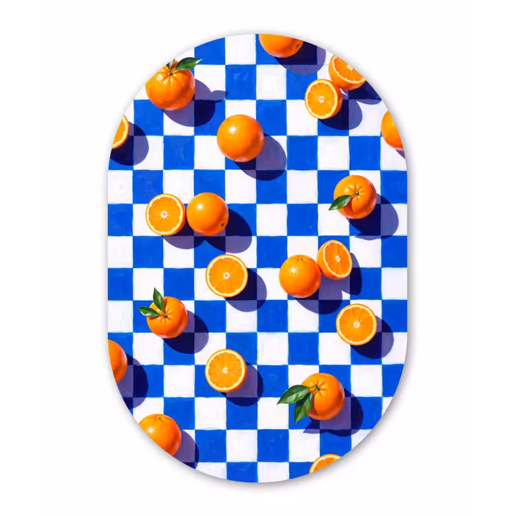 Oval - Plastic - Orange - Checkered - Food - Sinaasappel - Geruit - Eten Wandcirkel Ovaal Forex klein
