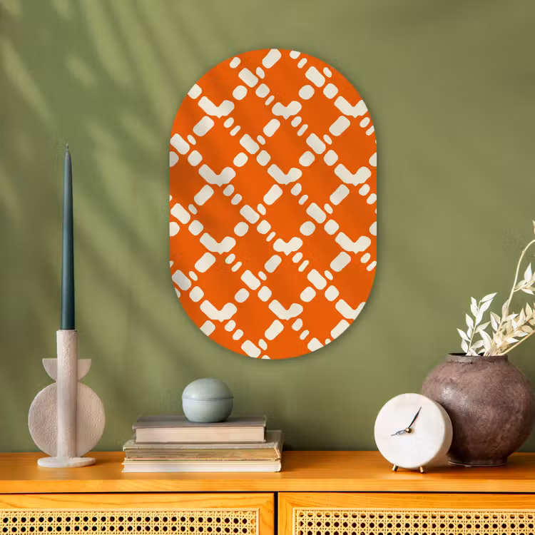 Oranje - Ruitpatroon - Wit Wandcirkel Ovaal Forex klein 630 -sfeer2