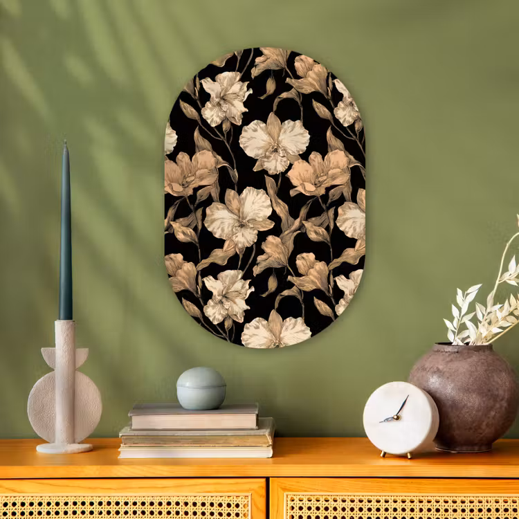 Orchideeën - Lijntekening - Patroon - Beige - Zwart Wandcirkel Ovaal Forex klein 630 -sfeer2