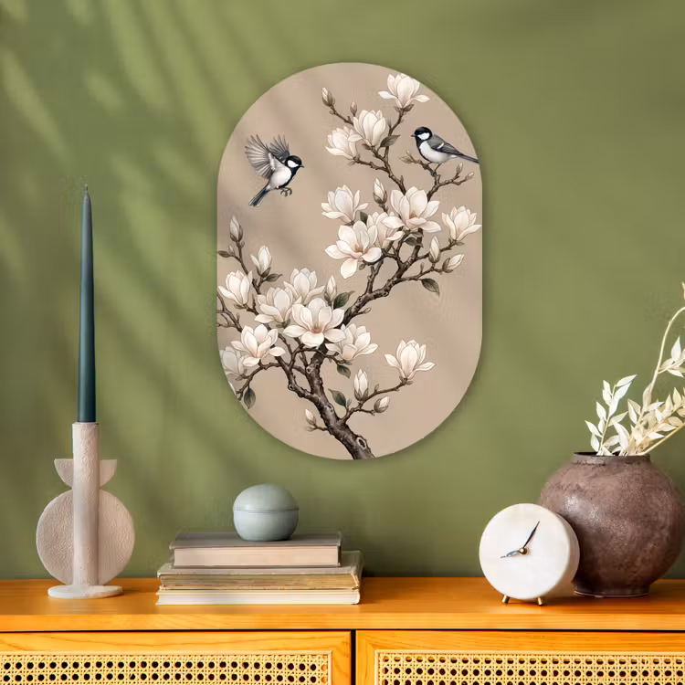 Oosters - Vogels - Beige Wandcirkel Ovaal Forex klein -sfeer2