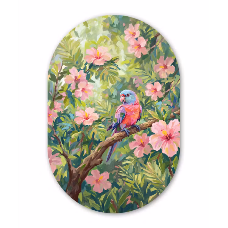 Papagaai - Hibiscusbloemen - Kleurrijk Wandcirkel Ovaal Forex klein -3d
