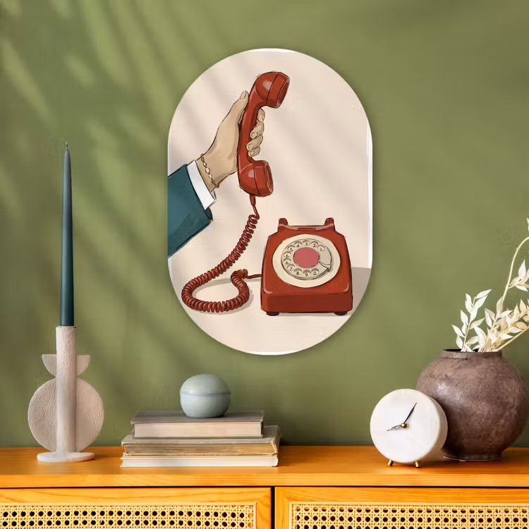 Telefoon - Hand - Vintage - Communicatie - Rood Wandcirkel Ovaal Forex klein -sfeer2