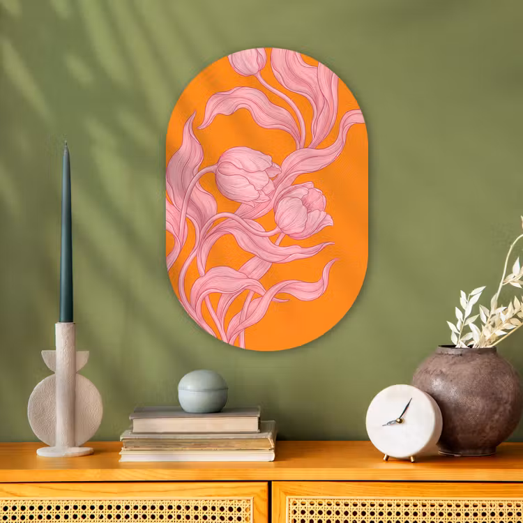 Oval - Plastic - Pink Flowers - Modern - Roze bloemen - Modern Wandcirkel Ovaal Forex klein
