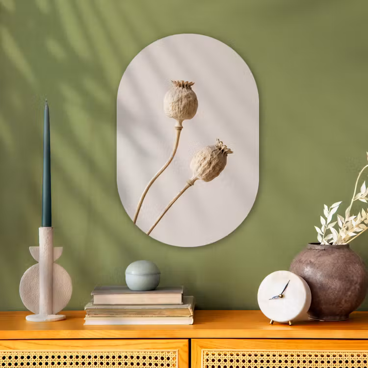 Papaverbollen - Droogbloemen - Minimalistisch - Beige - Rustig Wandcirkel Ovaal Forex klein -sfeer2