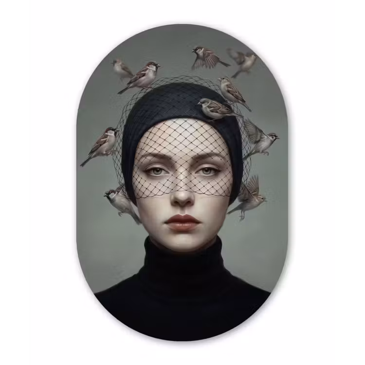 Portret - Vogels - Zwart Wandcirkel Ovaal Forex klein -3d