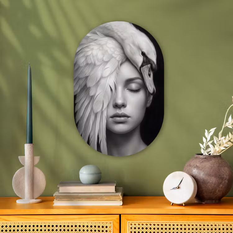 Portret - Zwaan - Zwart - Wit Wandcirkel Ovaal Forex klein -sfeer2